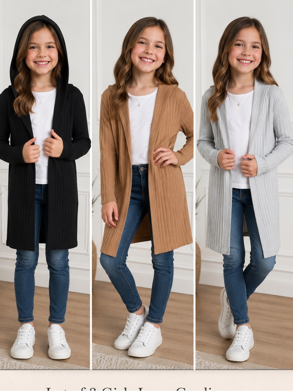 Lot of 3 Ribbed Open Front Cardigan Black, Camel, Light Gray girls‎ small medium